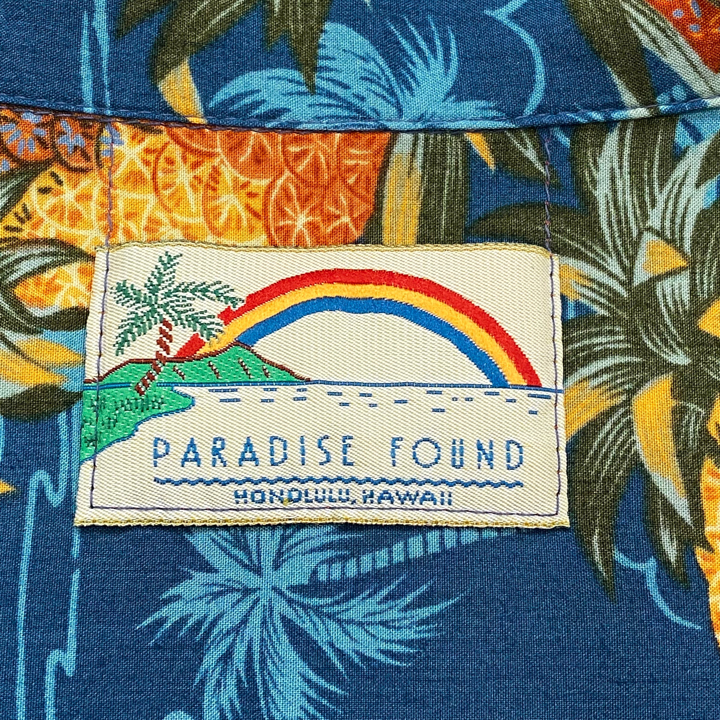 Vintage Paradise Found Pineapple Blue Rayon Hawaiian Shirt Men's XL