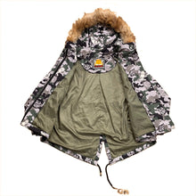 Load image into Gallery viewer, Lalabobo Garfield Sequin Logo Camo Racoon Fur Trim Hooded Jacket Women’s Large
