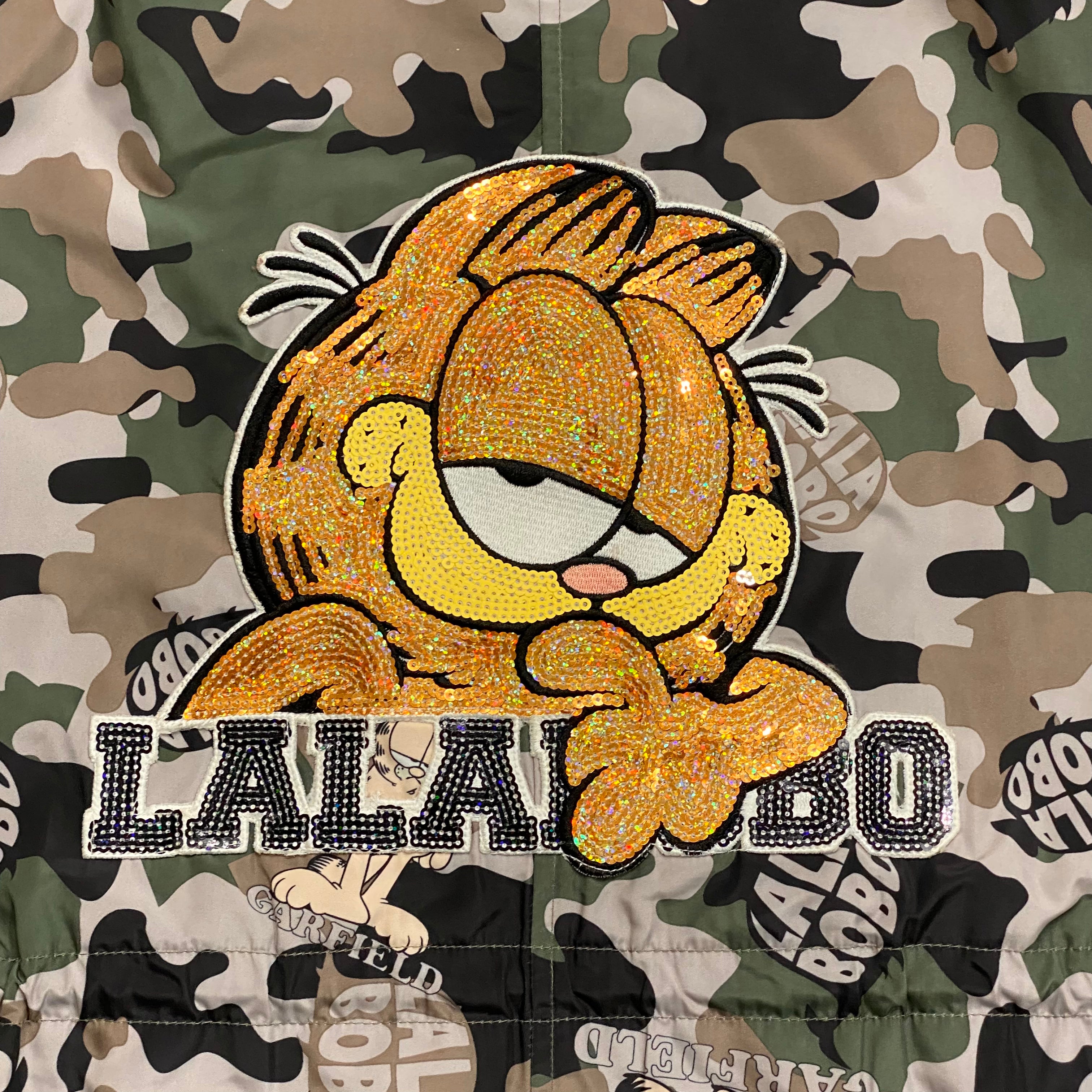 Lalabobo Garfield Sequin Logo Camo Racoon Fur Trim Hooded Jacket Women’s Large