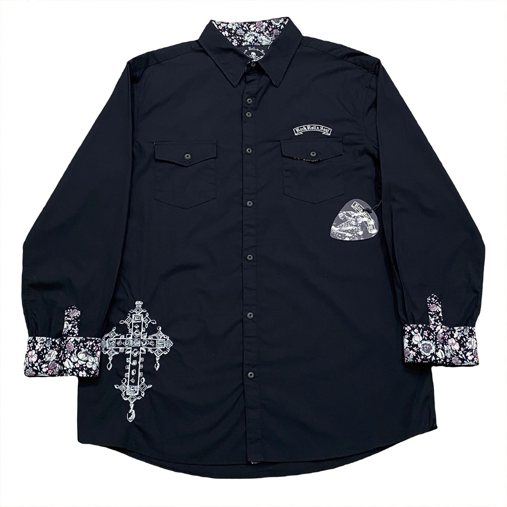 Rock Roll N Soul Embroidered Floral Trim Flip Cuff Long Sleeve Button Up Shirt XL