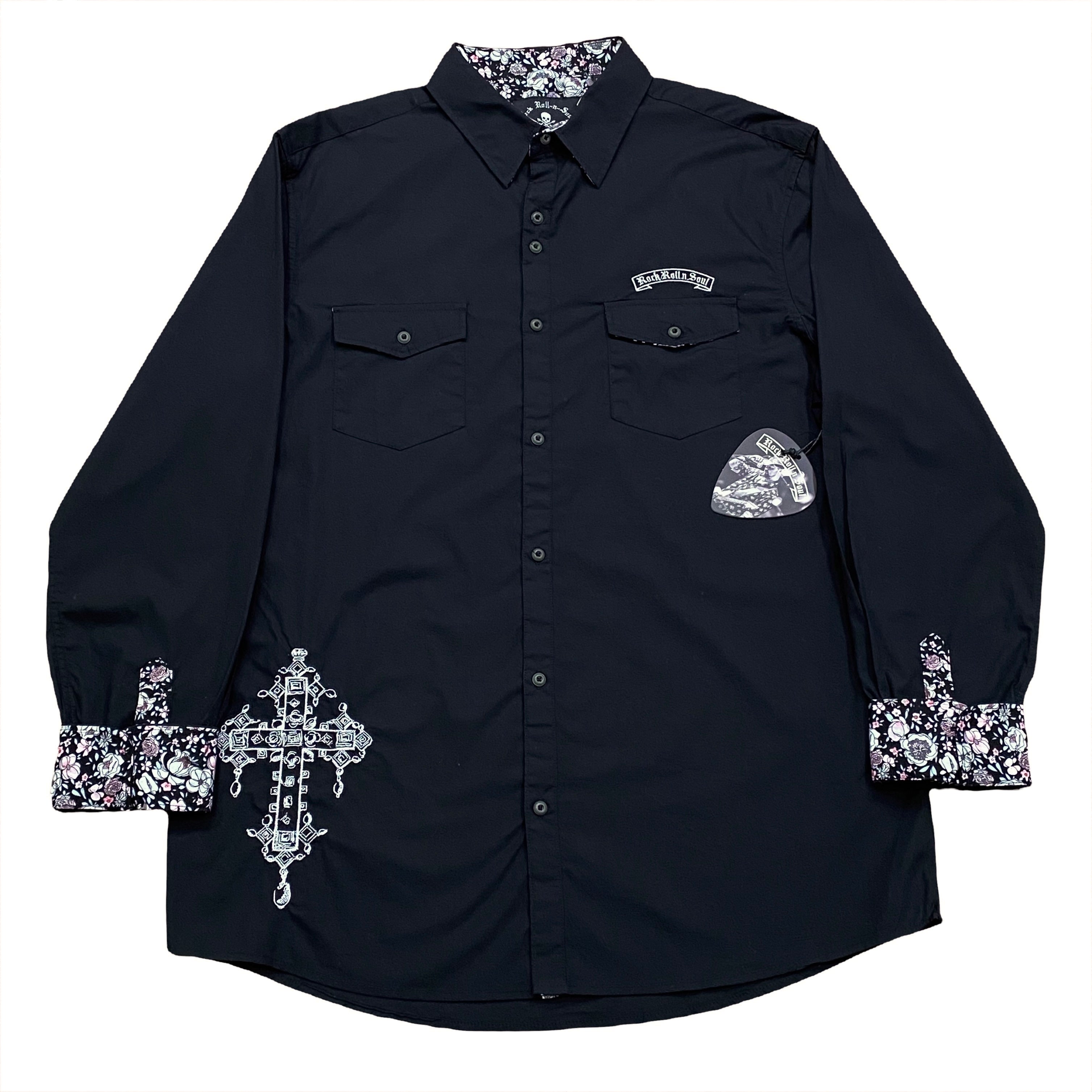 Rock Roll N Soul Embroidered Floral Trim Flip Cuff Long Sleeve Button Up Shirt XL