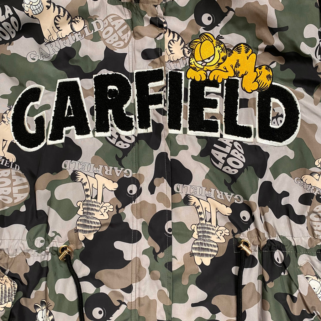 Lalabobo Garfield Sequin Logo Camo Racoon Fur Trim Hooded Jacket Women’s Large