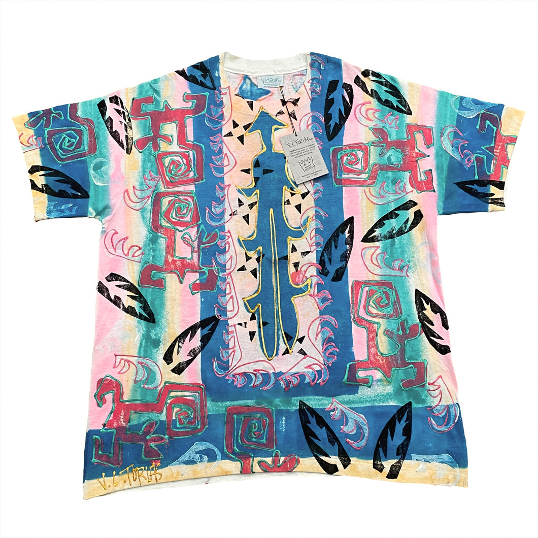 Vintage 1995 V.C. Torias Signed Hand Painted All Over Print T-Shirt Women’s One Size