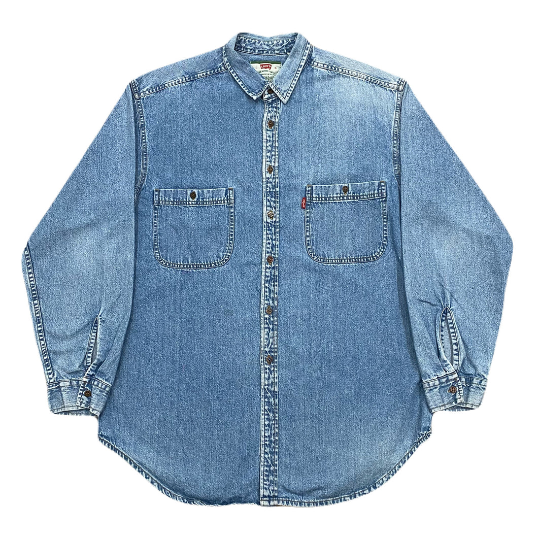 Vintage Levis Red Tab Metal Button Medium Wash Blue Denim Shirt Men’s Large