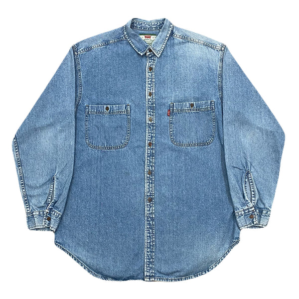 Vintage Levis Red Tab Metal Button Medium Wash Blue Denim Shirt Men’s Large