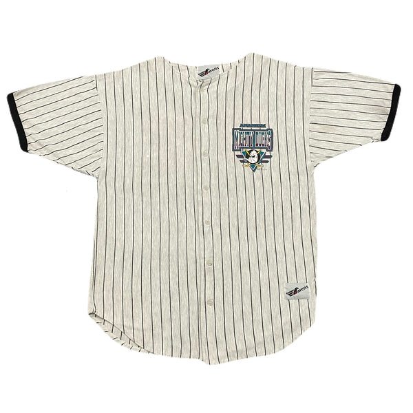 Vintage 1993 Ravens Athletic Disney NHL Anaheim Mighty Ducks Pinstripe Baseball Shirt Men's Medium