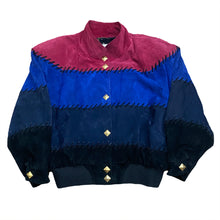 Load image into Gallery viewer, Vintage 80’s Dino’z Suede Leather Gold Stud Snap Color Block Lined Padded Jacket Women’s Large
