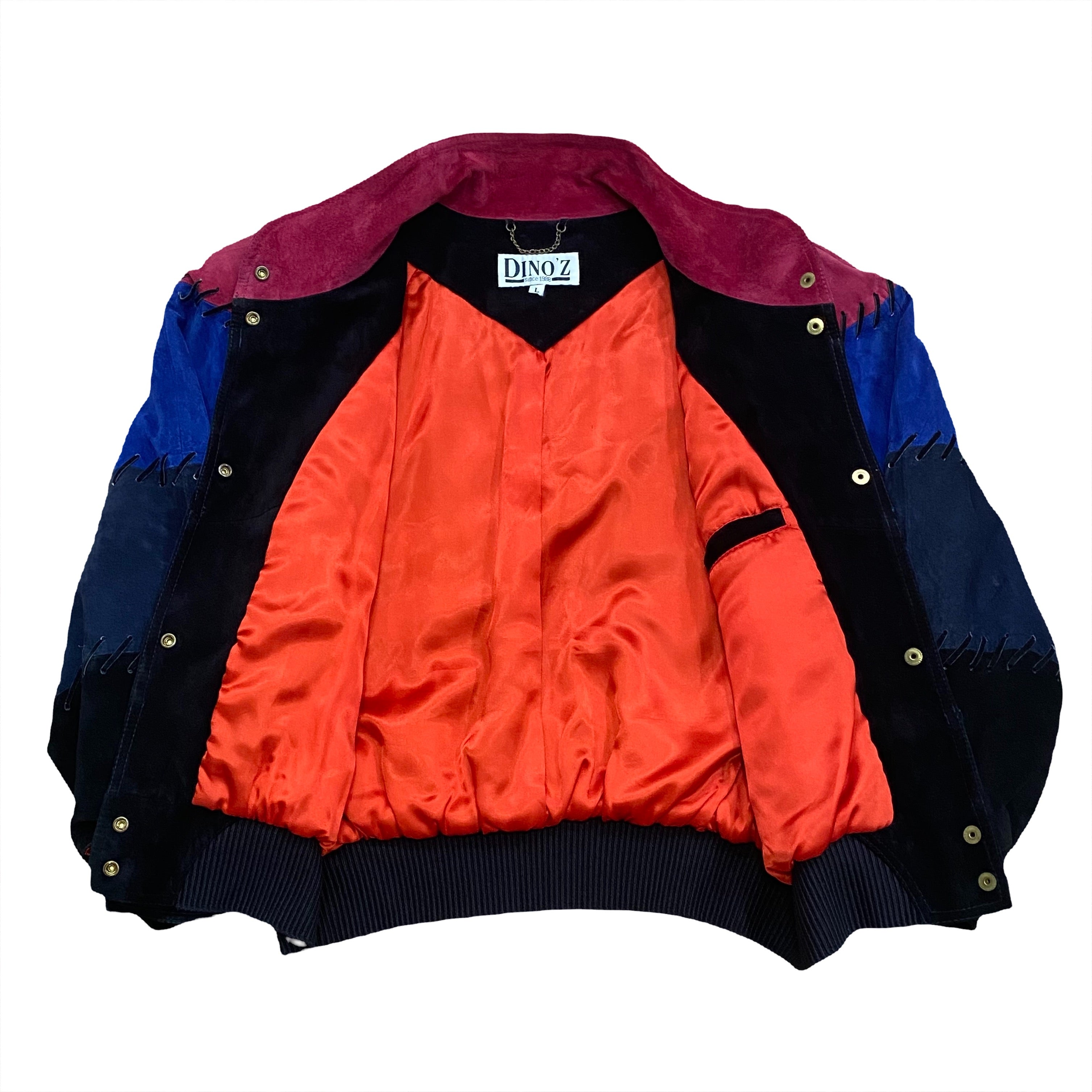 Vintage 80’s Dino’z Suede Leather Gold Stud Snap Color Block Lined Padded Jacket Women’s Large