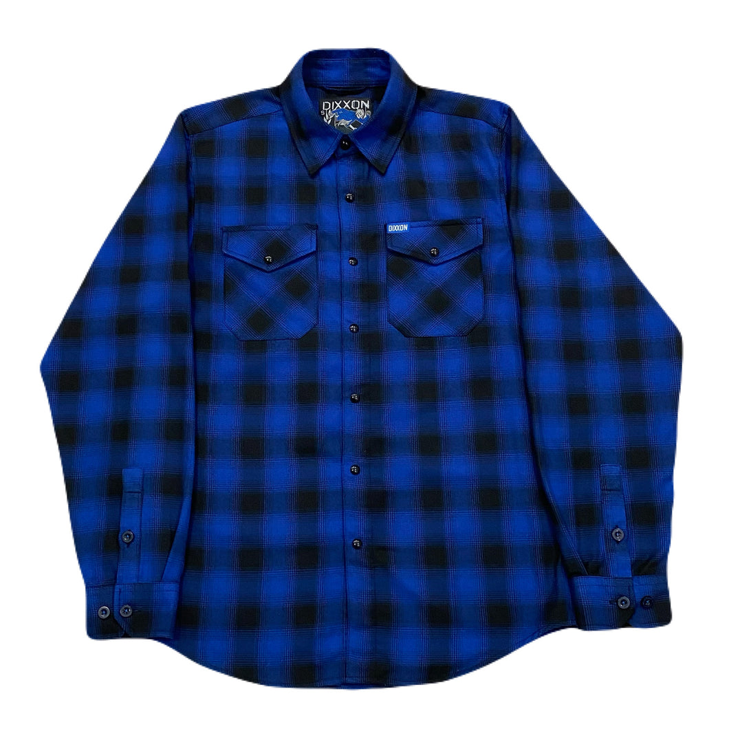 Dixxon Flannel The Circle Pit Heavy Metal Blue Plaid Snap Button Shirt Men’s Small
