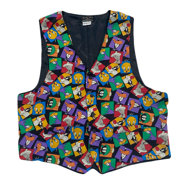 Vintage 1993 Looney Tunes Mania All Over Print Silk Vest Adult L/XL