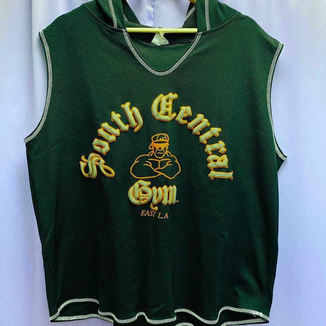 Vintage 90’s South Central Gym East L.A. Sleeveless Hooded Puffy Print Gym Shirt Medium