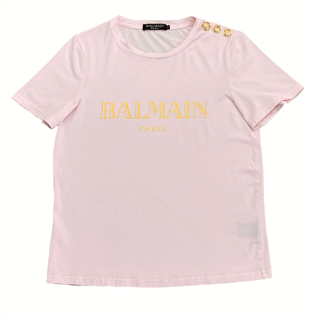 Balmain Paris Pink Crewneck Medallion Button T-Shirt Women’s Small