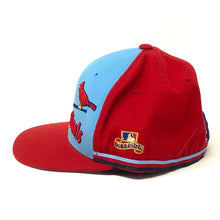 Load image into Gallery viewer, Left side view of American Needle MLB St. Louis Cardinals Red With Blue Front Panel Fitted Cap Size 7
