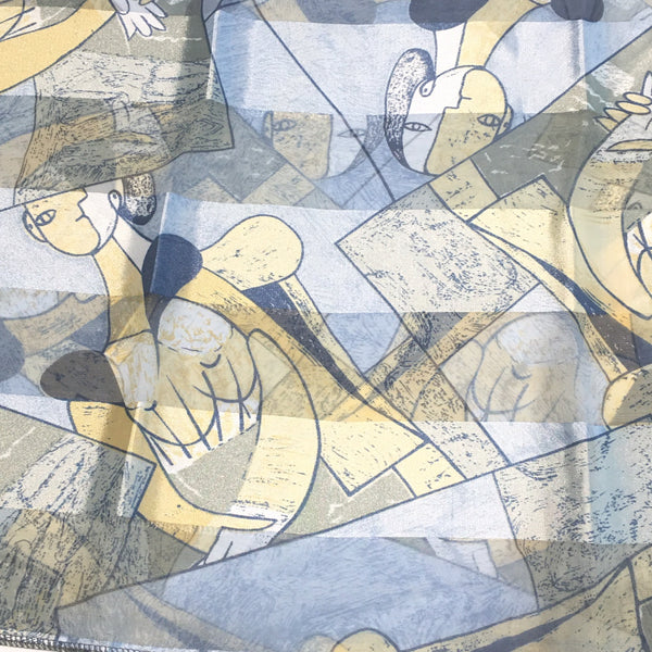 Alternate Closeup view of Picasso Patterned Neck Scarf Blue Silver Yellow