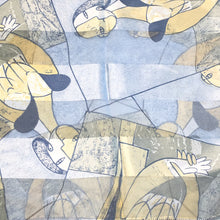 Load image into Gallery viewer, Closeup view of Picasso Patterned Neck Scarf Blue Silver Yellow
