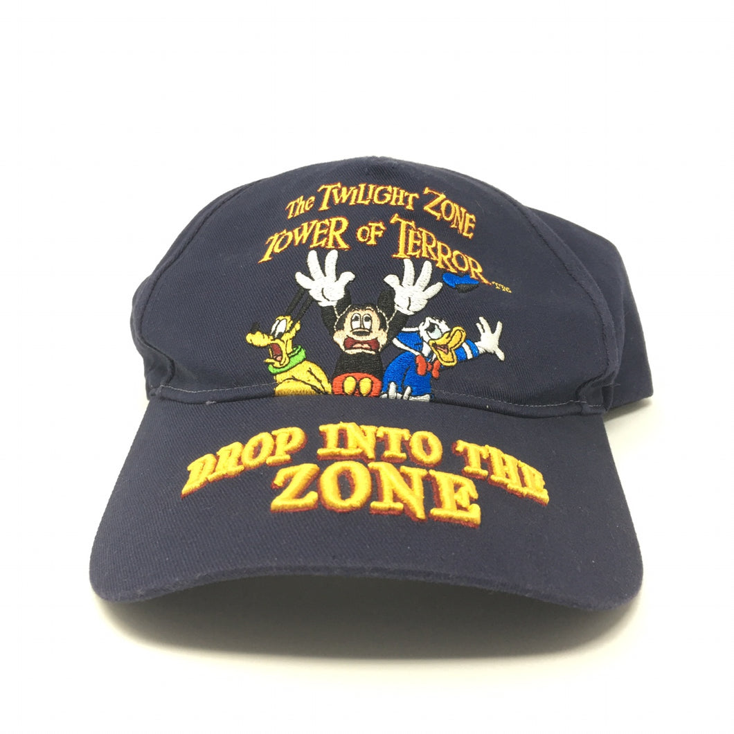 Front view of Rare Vintage 90’s Disney California Adventure Twilight Zone Tower of Terror Velcro Strapback Hat One Size Kids