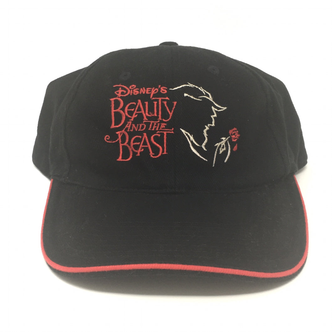 Front view of Vintage Disney Beauty and the Beast Black Strapback Hat One Size 