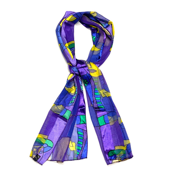 Front view of Picasso Patterned Neck Scarf Purple displayed tied in a knot