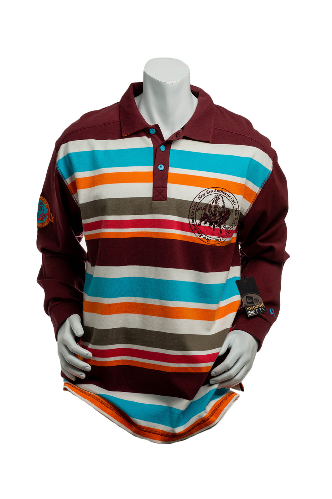 One of a Kind Deadstock New Era Sample Striped Embroidered Long Sleeve Polo Shirt Men's Large
