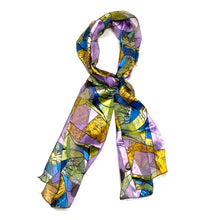 Load image into Gallery viewer, Front view of Picasso Patterned Neck Scarf Purple Blue Bronze displayed tied in a knot
