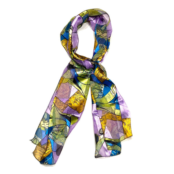 Front view of Picasso Patterned Neck Scarf Purple Blue Bronze displayed tied in a knot