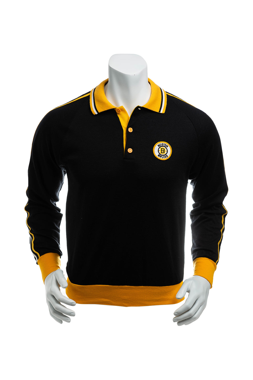 Vintage 70's NHL Boston Bruins Embroidered Patch Logo Long Sleeve Polo Shirt Men's Medium