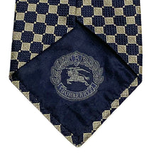 Load image into Gallery viewer, Closeup view of Burberrys Equestrian Knight Logo on inside of Vintage 90’s Burberrys of London Silk Necktie
