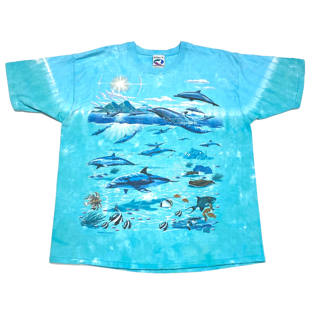 Vintage 1996 Liquid Blue Dolphin and Whale Ocean Life Tie-Dye All Over Print Single Stitch T-Shirt Mens XL