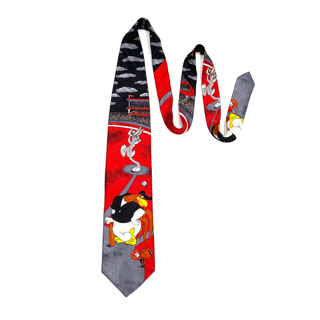 Front view of Vintage 1992 Looney Tunes Bugs Bunny Foghorn Leghorn Egghead Jr Baseball Necktie