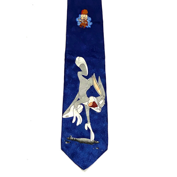 Closeup view of Vintage 1997 Looney Tunes Bugs Bunny & Elmer Fudd Necktie