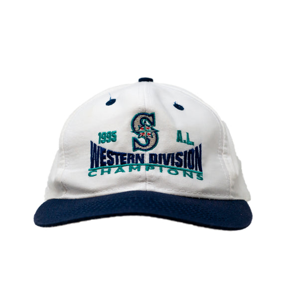 Front view of Vintage 1995 MLB Seattle Mariners AL Western Division Champions Snapback Hat