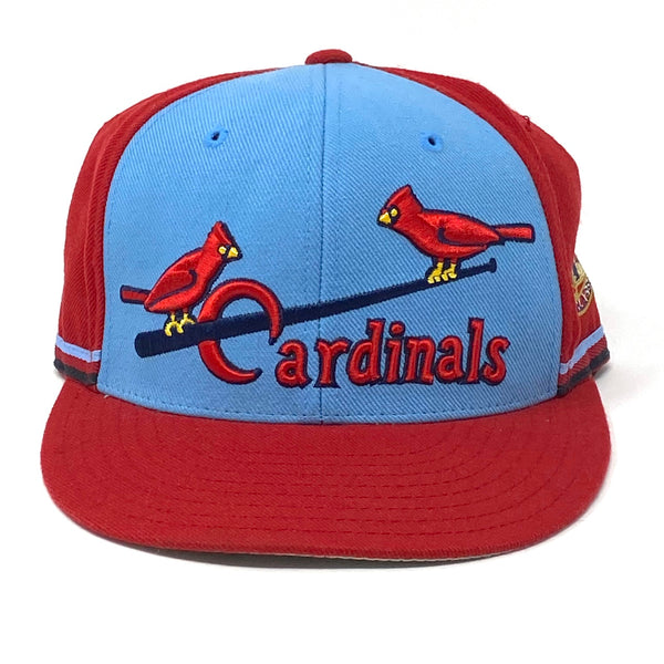 Front view of American Needle MLB St. Louis Cardinals red with blue front panel fitted Cap Size 7  