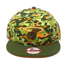 Load image into Gallery viewer, Front view of Like New New Era NBA Miami Heat Camo Snapback Hat One Size

