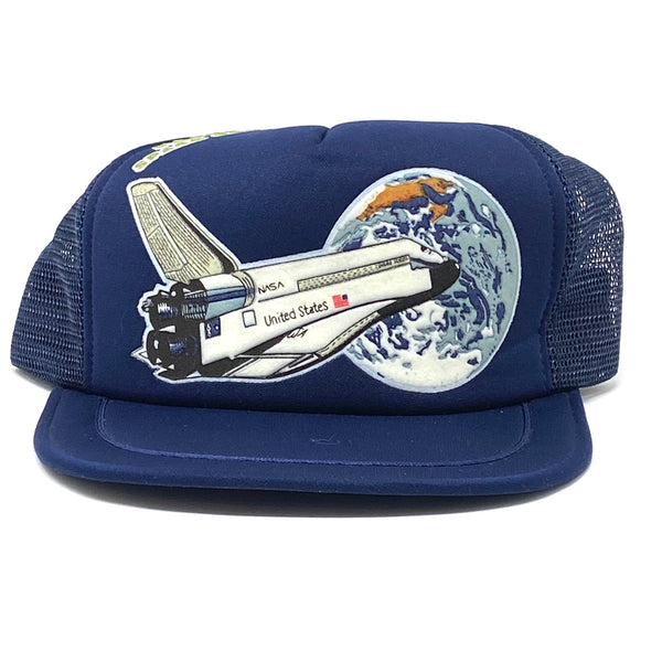 Front view of navy blue vintage 90’s NASA Kennedy Space Center Snapback Trucker Hat with Felt Image.