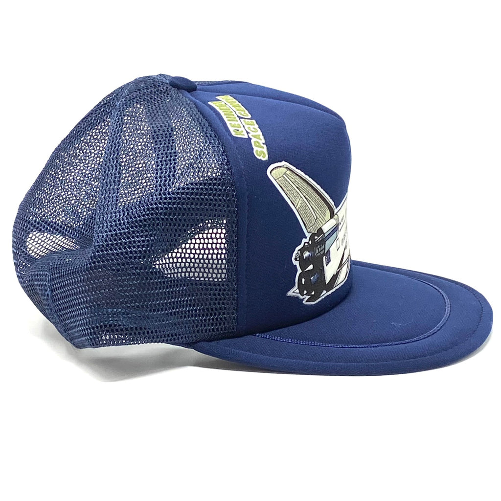 Right side view of navy blue vintage 90’s NASA Kennedy Space Center Snapback Trucker Hat with Felt Image.