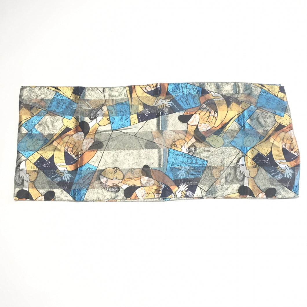 Picasso Patterned Scarf Grey Blue Gold