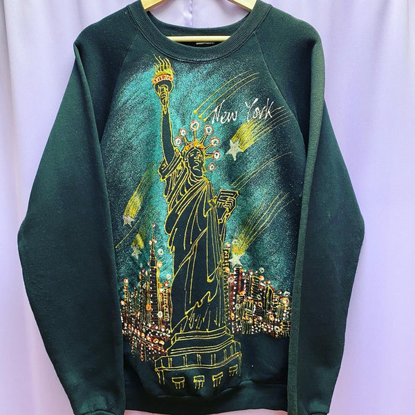 Vintage 90’s New York Statue of Liberty Custom Glitter Sweatshirt Men’s XL