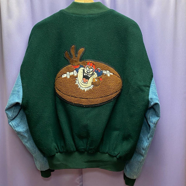 Vintage 1996 Warner Bros Studio Store Taz Football Wool Denim Bomber Jacket Small