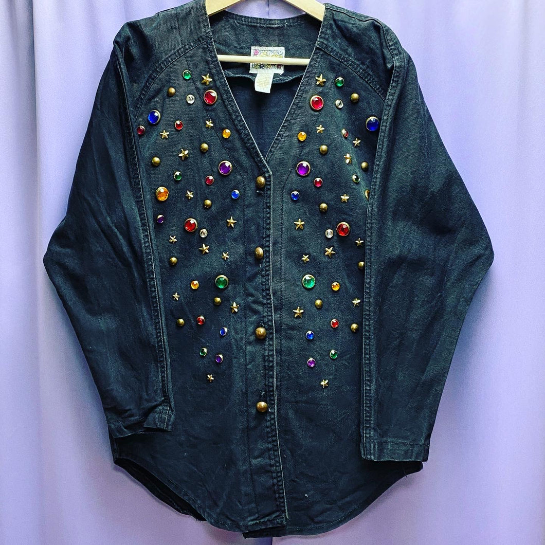 Vintage 80’s Monique Fashions Denim Embellished Gems Shirt Jacket Women’s Size 5/6