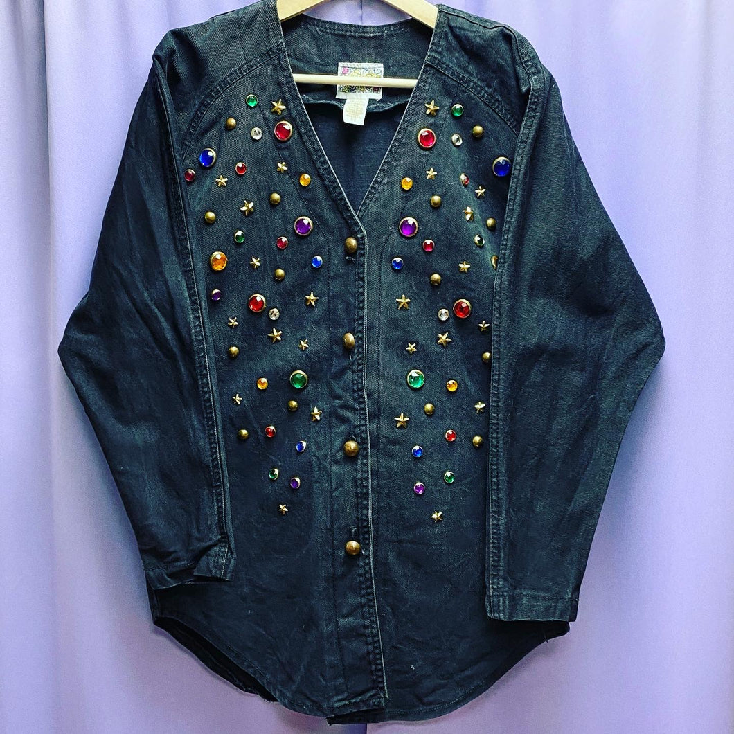 Vintage 80’s Monique Fashions Denim Embellished Gems Shirt Jacket Women’s Size 5/6
