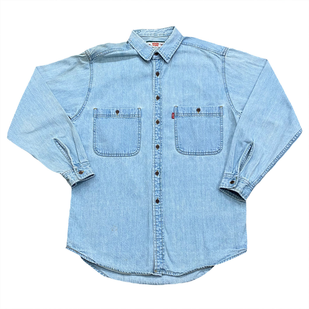 Vintage 90’s Levi’s Red Tab Light Wash Blue Denim Metal Button Up Shirt Medium