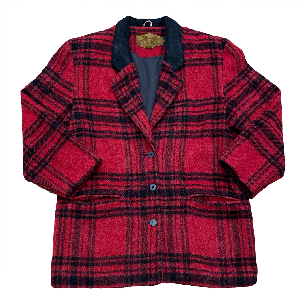 Vintage 80’s Woolrich Red Plaid Wool Mohair Jacket with Suede Collar Medium